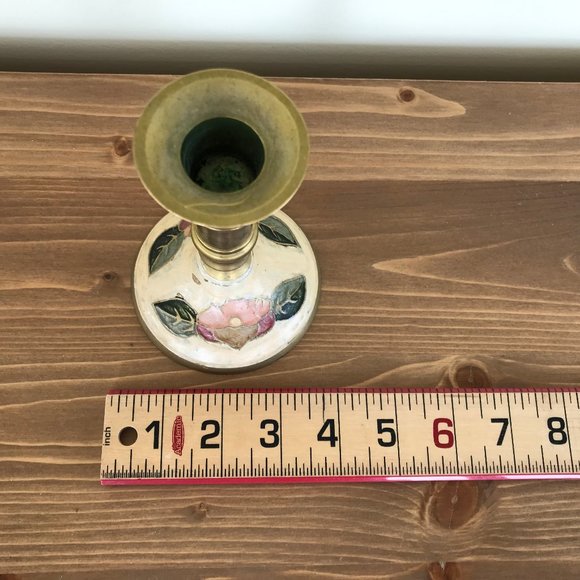 Brass Cloisonne Style Enamel Painted Floral Candlestick 5" Candle Holder - Picture 4 of 5